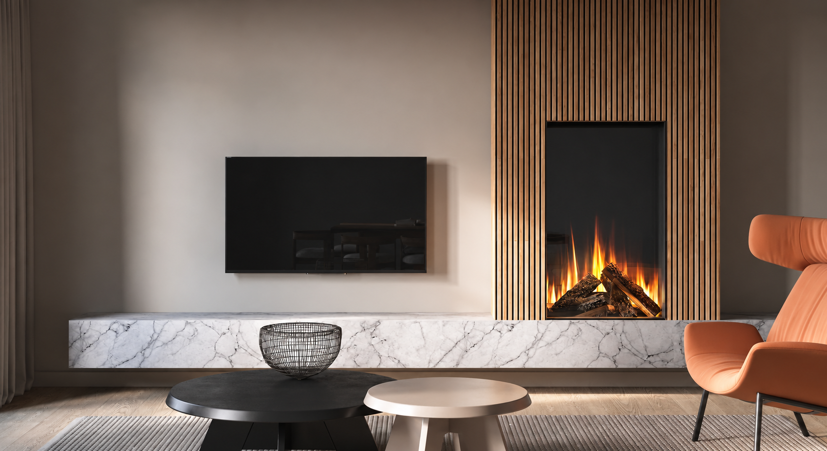 Tall electric fire beside a television and marble hearth